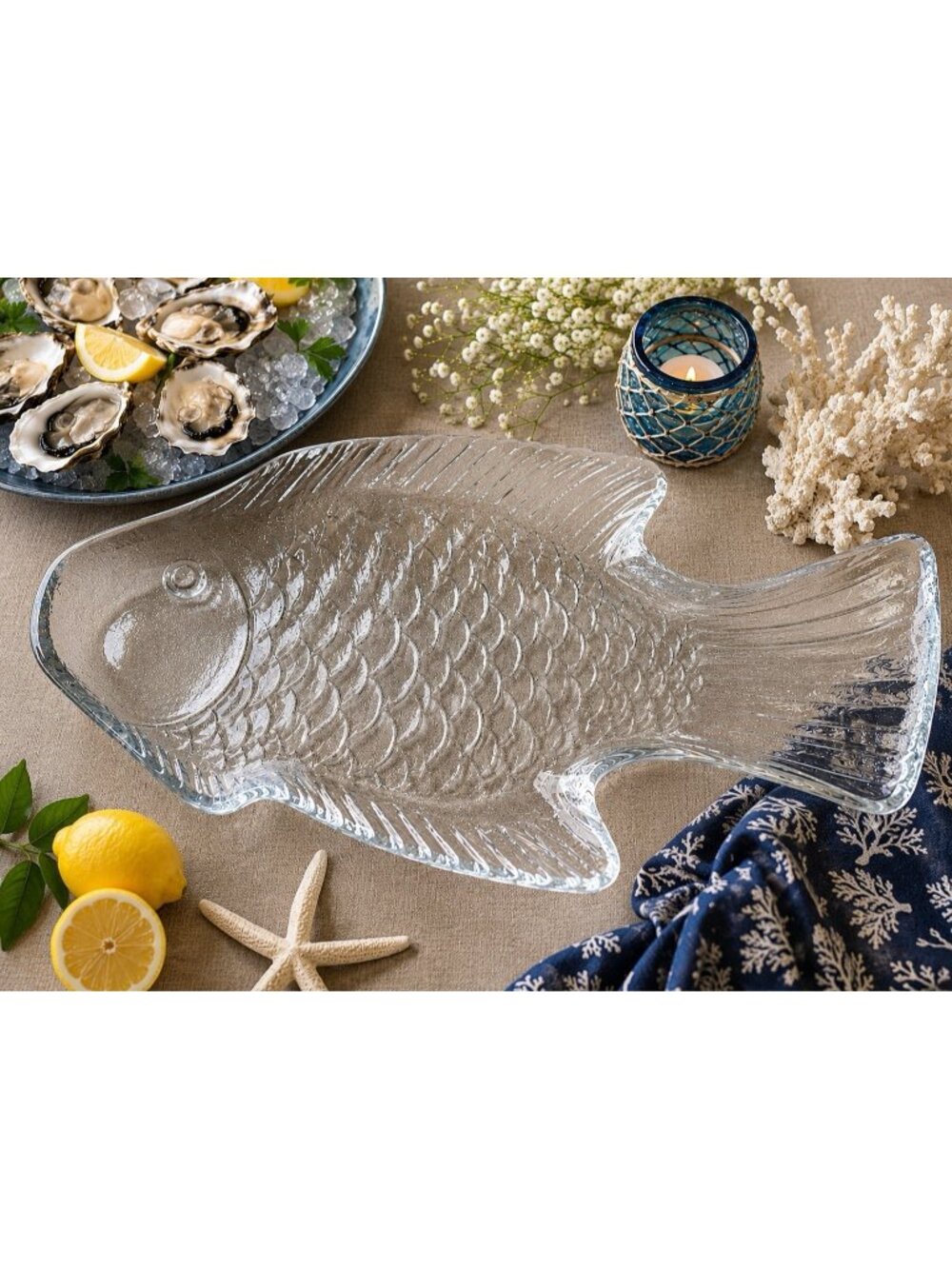 Vintage Large Clear Art Glass Fish Platter 21.5" Seafood Serving Tray Coastal